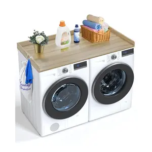 Water Resistant Oak Wooden Washer and Dryer Countertop, 54x27in Laundry Machine Topper with Anti-Slip Pads, Pre-Drilled Holes, Side Hooks for Laundry Room Organization