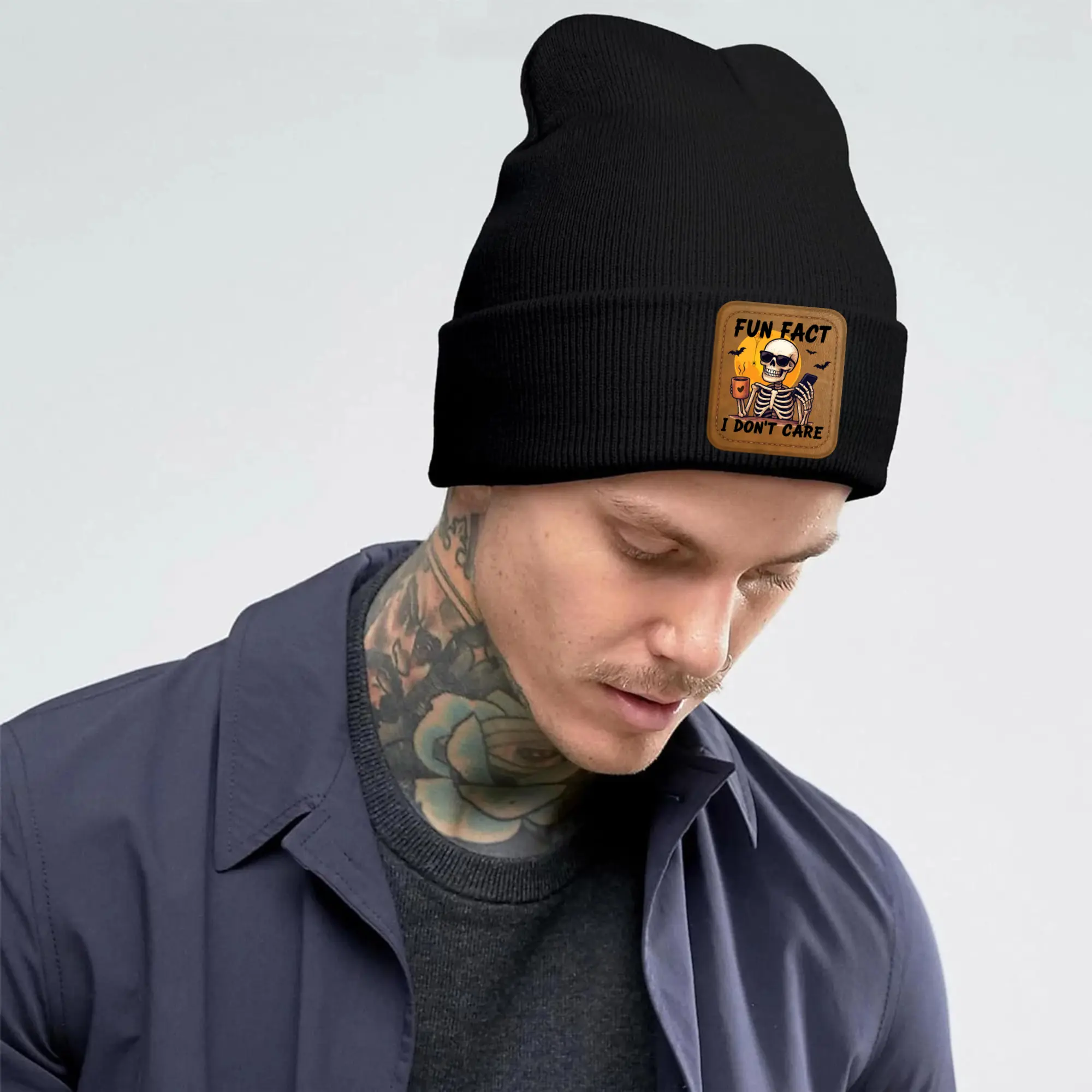 Funny Halloween Skeleton Beanie - 'Fun Fact I Don't Care' Patch Knit Winter Hat | Trendy Streetwear Skull Cap - Soft Acrylic Knit Fabric - Machine Washable - Perfect for Spooky Adventures