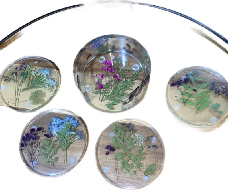 Epoxy Resin Coaster Set - 4-Piece Natural Dry Purple Flower Coasters with Holder