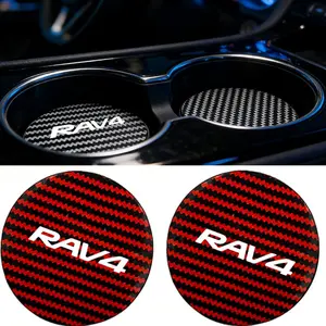 2 Pcs Car Coaster Water Cup Holder, Anti-Slip PU Leather & Carbon Fiber Striped Design, Fits Toyota Rav4, Durable Protection, Car Interior Accessories