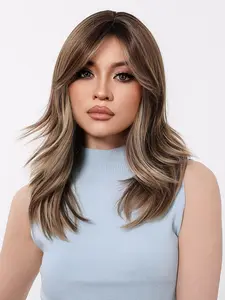 20 Inch Long Layered Cut Curly Wigs for Women, Gorgeous Fluffy Wigs with Blunt Bangs, Synthetic Full Machine Wigs for Party, Daily Use