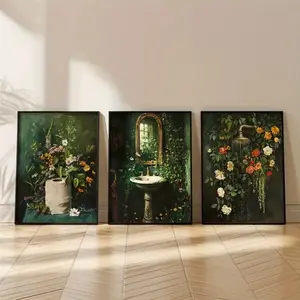 3pcs Vintage Abstract Floral Canvas Wall Art with Wooden Frame, Retro Home Decor for Bathroom & Toilet, Mdf Material, Made in China