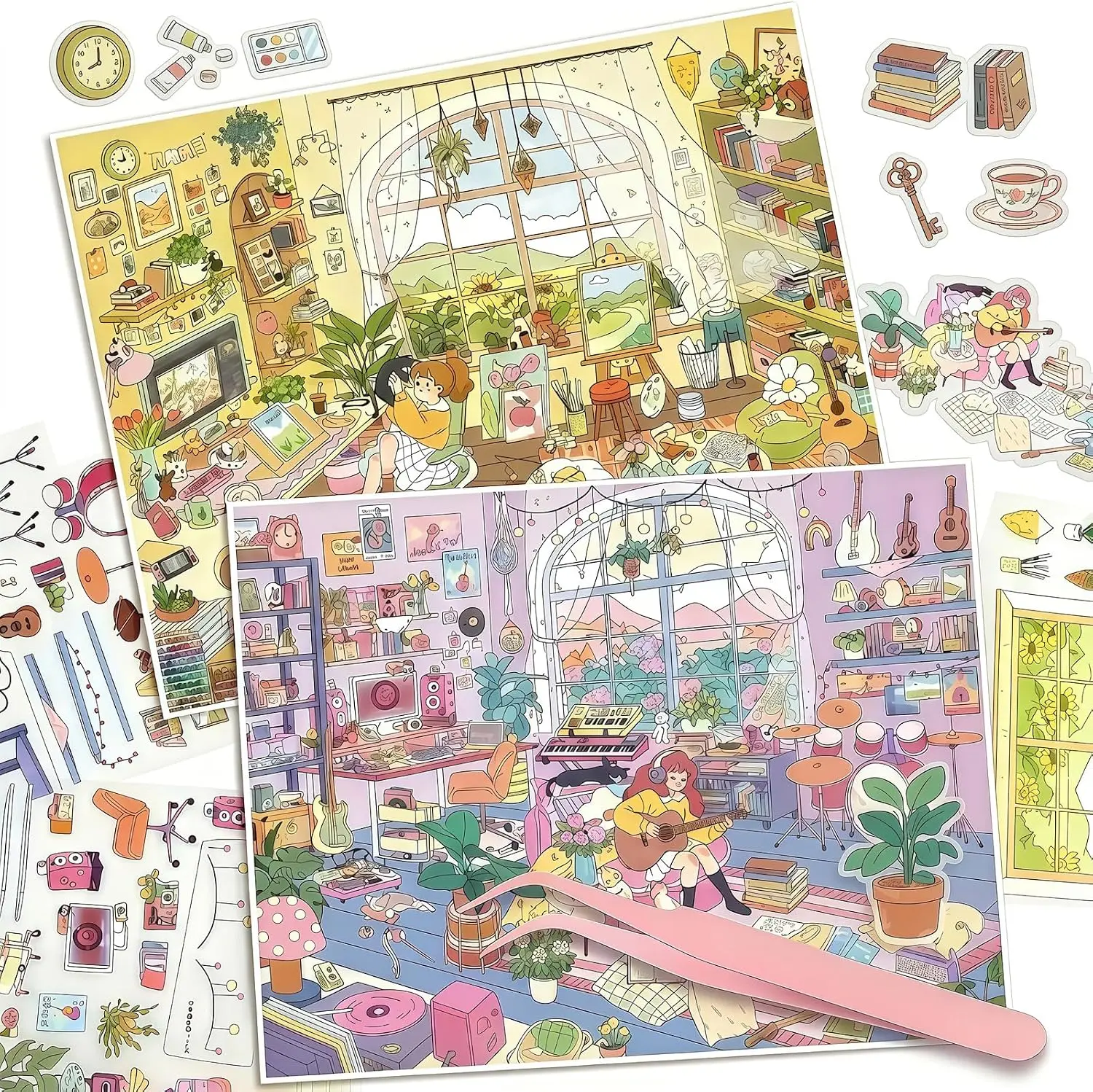 New 3D Sticker Scene, 2 Sets Large DIY Stickers for Music Studio and Illustration Studio, It Features a Positioning Lines, and a Zoning Diagram, Sticker Crafts for Adults (The Studio)
