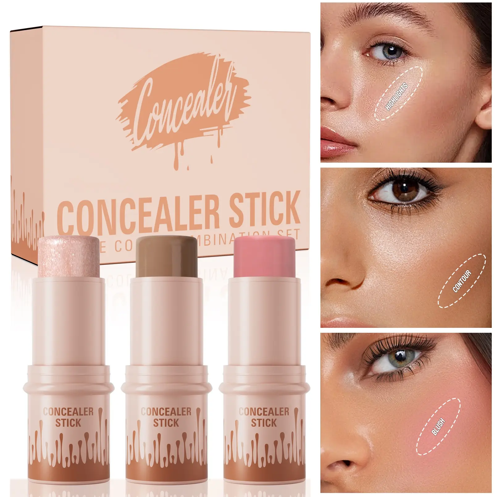 Multi-Use Three-Piece Makeup Stick Set, Instant Age Rewind Eraser Dark Circles Treatment Concealer, Long-Lasting Waterproof Formula, Smooth Application, Flawless Natural Look, Daily Use, Lightweight