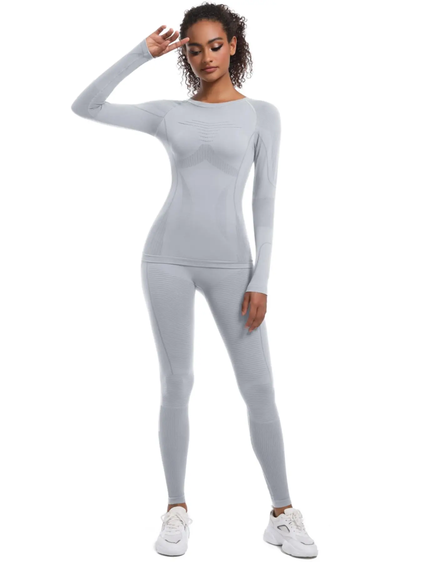 Women's Solid Long Sleeve Baselayer Top & Leggings Ski Suit Set, Sporty Comfy Breathable Skiing Underwear Set for Women, Ladies Sportswear for Indoor Outdoor Wear