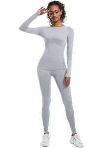 Women's Solid Long Sleeve Baselayer Top & Leggings Ski Suit Set, Sporty Comfy Breathable Skiing Underwear Set for Women, Ladies Sportswear for Indoor Outdoor Wear