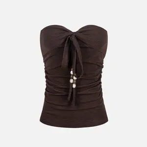 Aelfric Eden Ruched Tie Front Tube Top Slim Fit Waffle Knit Fabric  Women's Streetwear Top