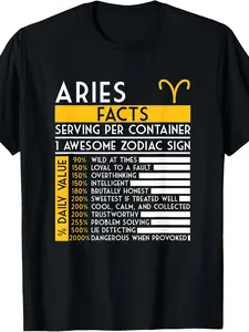 Aries Zodiac T-Shirt - Retro Astrology Graphic Tee with Aries Facts Horoscope Chart, Round Neck Casual Shirt Suitable for Year-Round Wear, Machine Washable Apparel for Aries Birthdays & Gifts