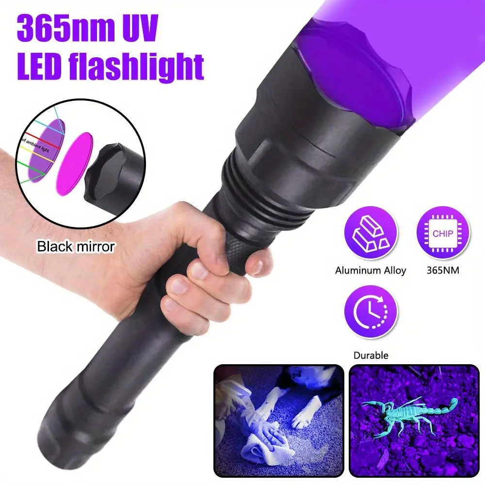High Power C8 365nm UV Flashlight with Black Mirror, USB Rechargeable, for Pet Urine Detection, Resin Curing, Minerals, Blood Tracking, Scorpion Hunting, Rockhounding, Yooperlites