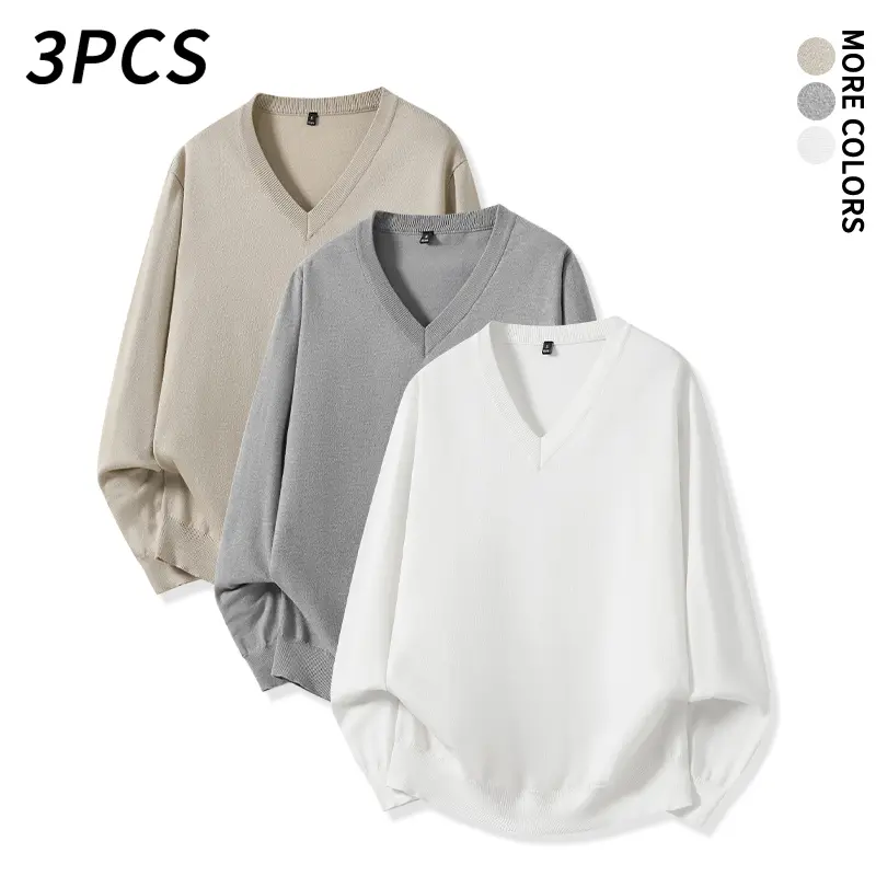 3PCS Men’s V-Neck Knit Basic Sweater, Soft Lightweight Long Sleeve Top for School, Commuting & Layered Everyday Outfits