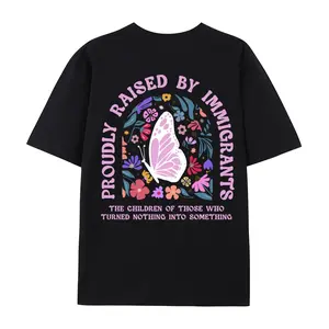 Proudly Raised By Immigrants Inspirational Quote T-Shirt First Gen Pride Floral Butterfly Left Chest Graphic Short Sleeve Crewneck Casual Unisex Tee