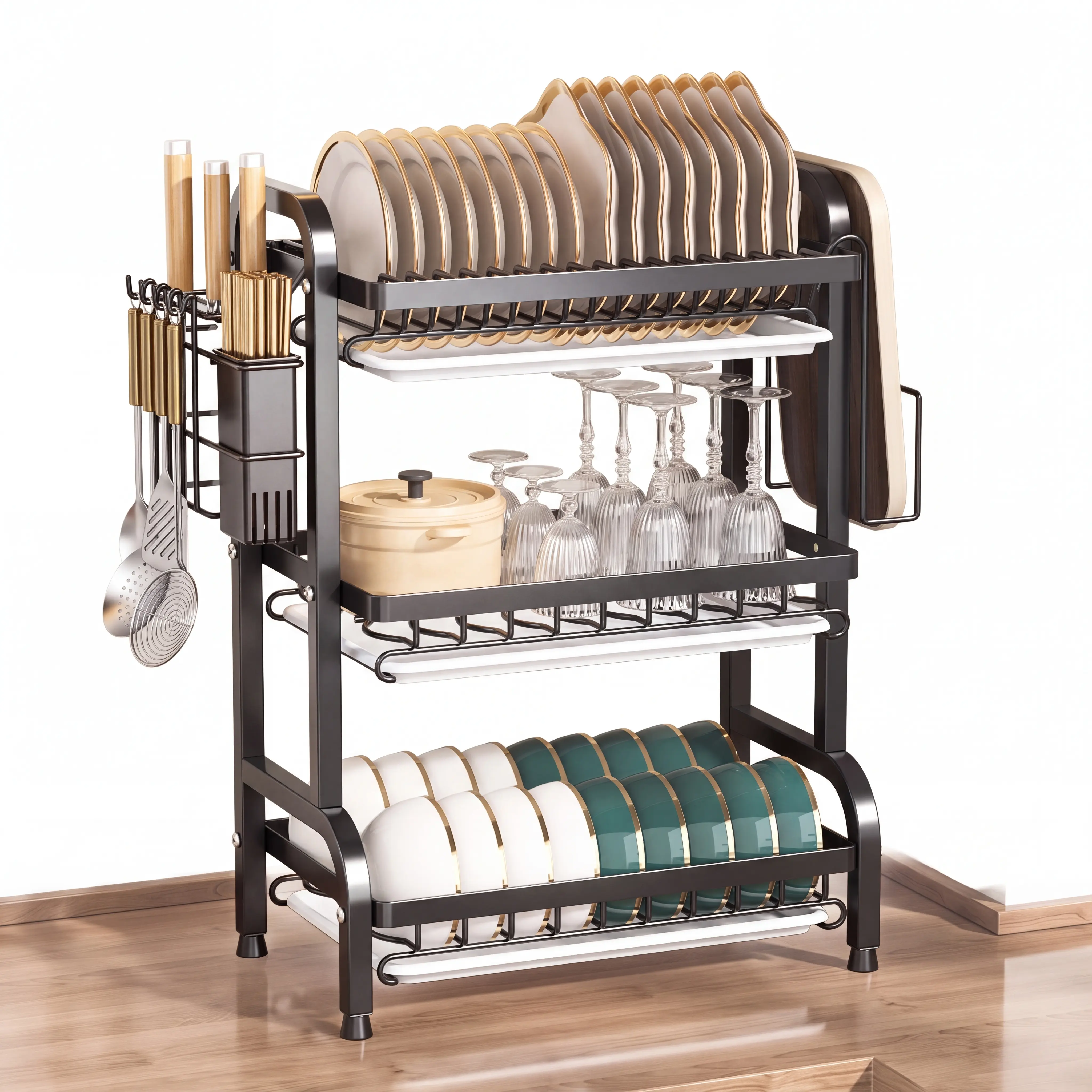 3-Tier Kitchen Essentials Dish Rack with Utensil Caddy, Glass Storage and Draining Functionality for Efficient Home Organization (Home Supplies, Storage Holders & Racks, Draining Boards)
