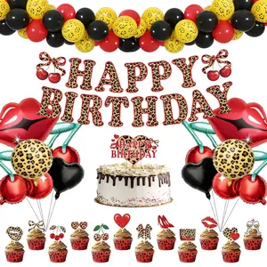 94pcs Red Cheetah Balloon Kit with Cherry & Leopard Foil, Banner & Cake Topper for Birthday Decor