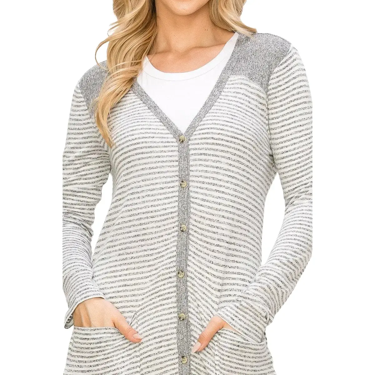 Grey Stripe Long cardigan -Sweater Warm Soft & thin- Spring Missy Duster cardigan, Oversized Lightweight Button up with Pocket-Gifts for her Comfort Knitwear cowpoke outfit girls cardigan Casual Womenswear Breathable Comfortable