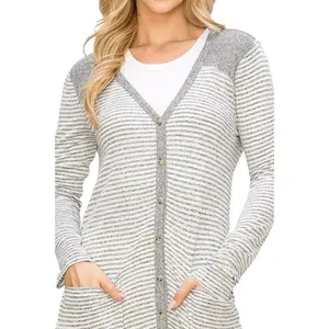 Grey Stripe Long cardigan -Sweater Warm Soft & thin- Spring Missy Duster cardigan, Oversized Lightweight Button up with Pocket-Gifts for her Comfort Knitwear cowpoke outfit girls cardigan Casual Womenswear Breathable Comfortable