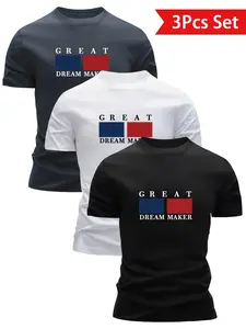 3-Pack Men's Short Sleeve T-Shirts Set, Geometric Print, Lightweight, Quick-Dry, Breathable, Casual Classic Summer Top, Round Neck, Gift Idea
