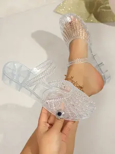 Women's New Transparent Flat Roman Sandals, Summer Breathable Hollow Design for Beach & Outdoor Activities, Best Casual Jelly Shoes Choice
