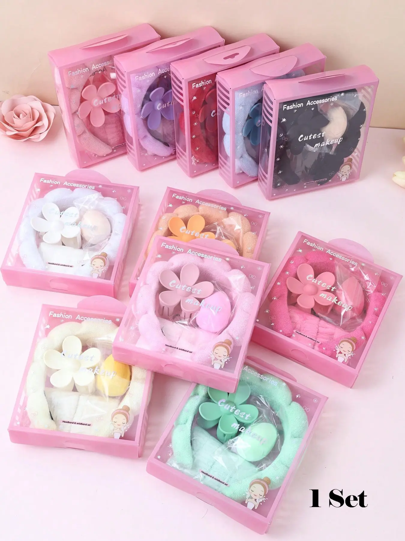 5 Pcs Girls Sponge Spa Headband Wristbands With Large Flower Hair Claw Clip Gift Set Hair Stuff Hair Accessories Set With Delicate Box For Party Gifts And Daily Use