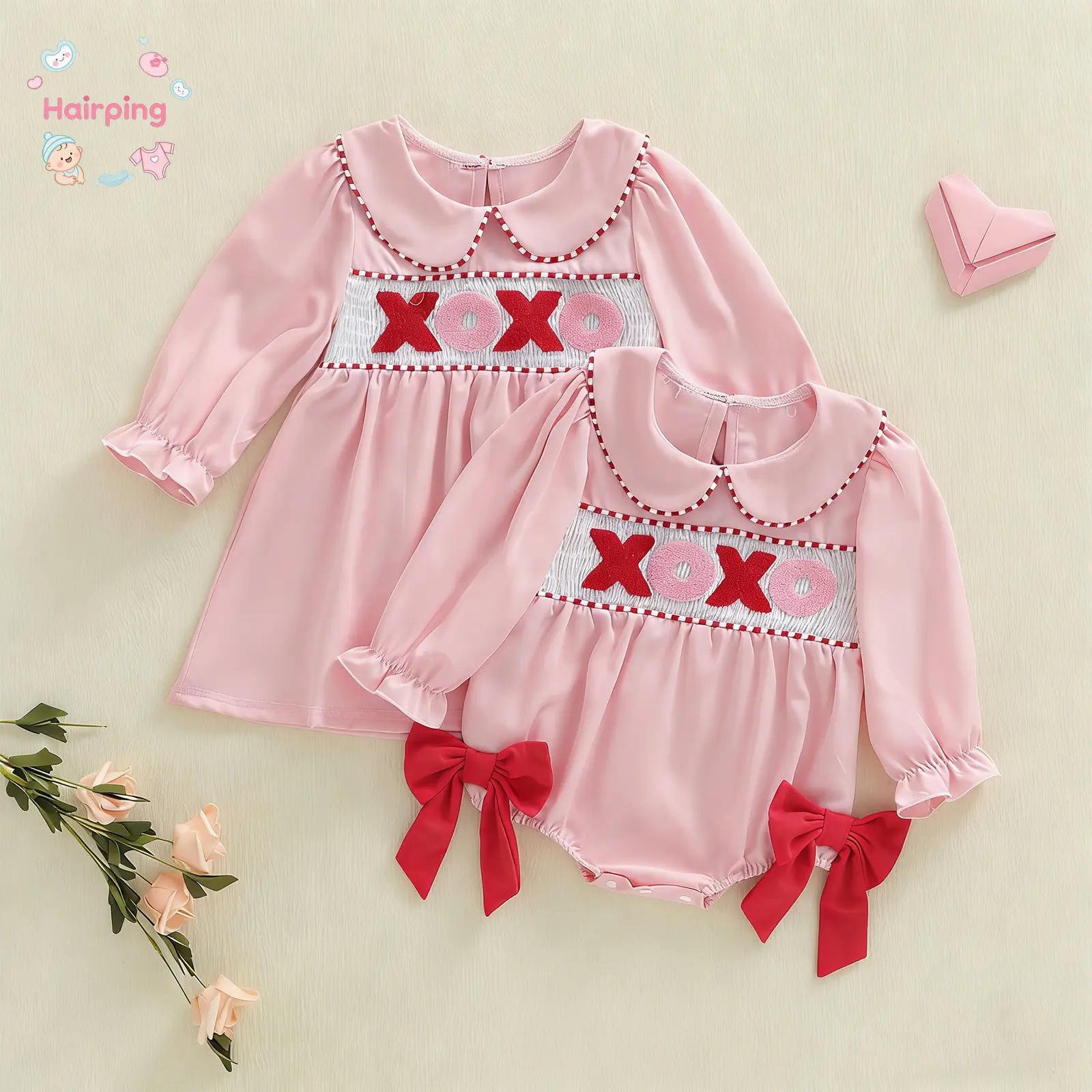 Mommy and Me Pink Peter Pan Collar Dress & Bodysuit Set, Embroidery Long Sleeve Matching Outfits for Baby & Toddler, Valentine's Day Casual Family Photos Outfit