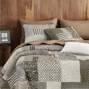 - Patchwork Quilt Set, Rustic Cab Country Farmhouse Style with Patch Geometric , Reversible Lightweight Bedspread Coverlet, 3 count, Brown, /Full Size