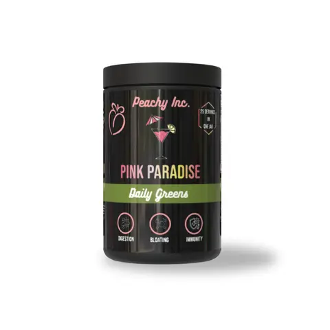 Peachy Inc. Pink Paradise Greens Plant-Based Non-GMO Supplement - Strawberry Lemonade Flavor, Super Greens Prebiotic & Probiotic Blend, Digestive & Gut Support, 25 Servings, Antioxidants, Bloating Relief, Immunity Boost, Natural Daily Nutrition, Super Gre