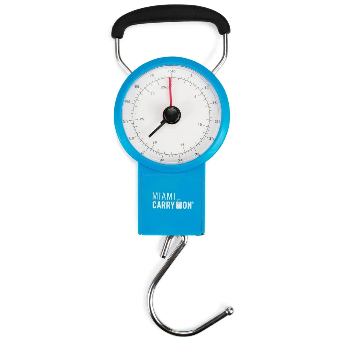 Miami CarryOn Battery-Free Mechanical Luggage Scale, 4.55" h x 1.55" w x 3.2" l, Built-In Tape Measure, 75 Lbs Capacity, Classy Looks, Easy-to-Read Dial (Blue)