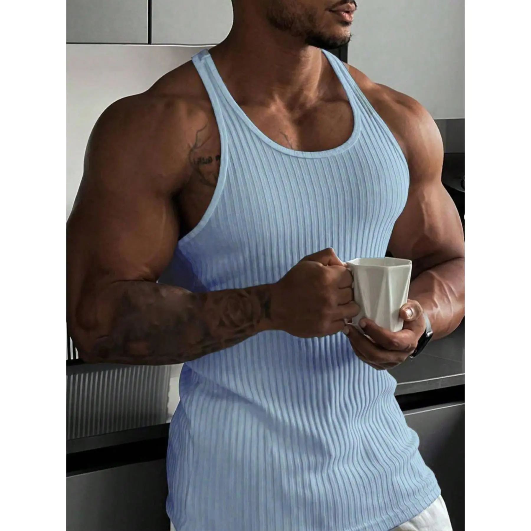 Men's Outdoor Running Sport T-Shirt, Fitness Ribbed Vest, Quick-Dry Solid Color Casual Tight Fit Sleeveless Training Top