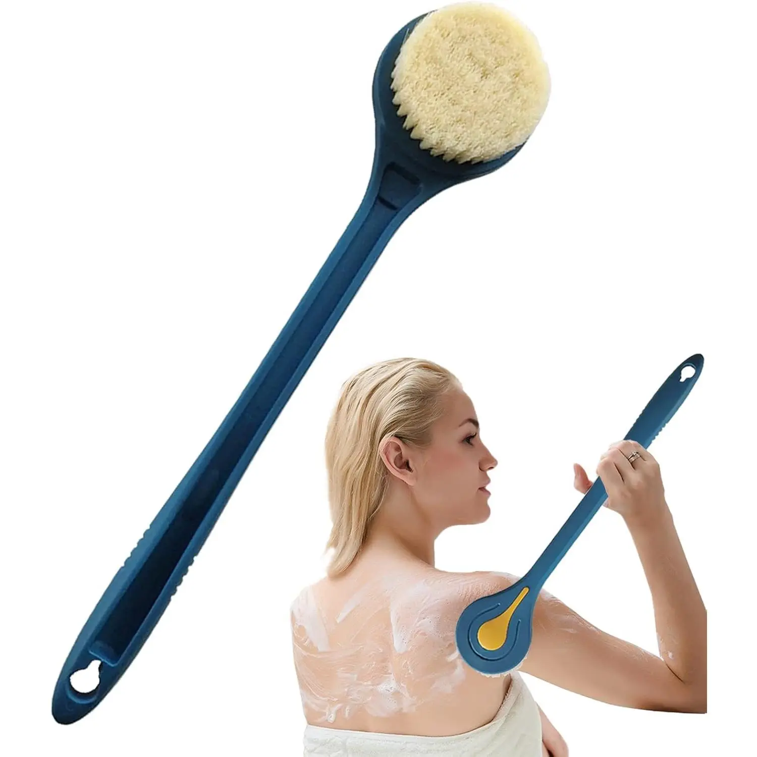 Long Handle Soft Bristle Shower Back Scrubber, Gentle Exfoliating Bath Accessory For Adults, Comfortable Wet And Dry Body Cleaning Tool, Easy To Apply Soap, Wall Hanging Design For Convenient Daily Shower Skin Care At Home