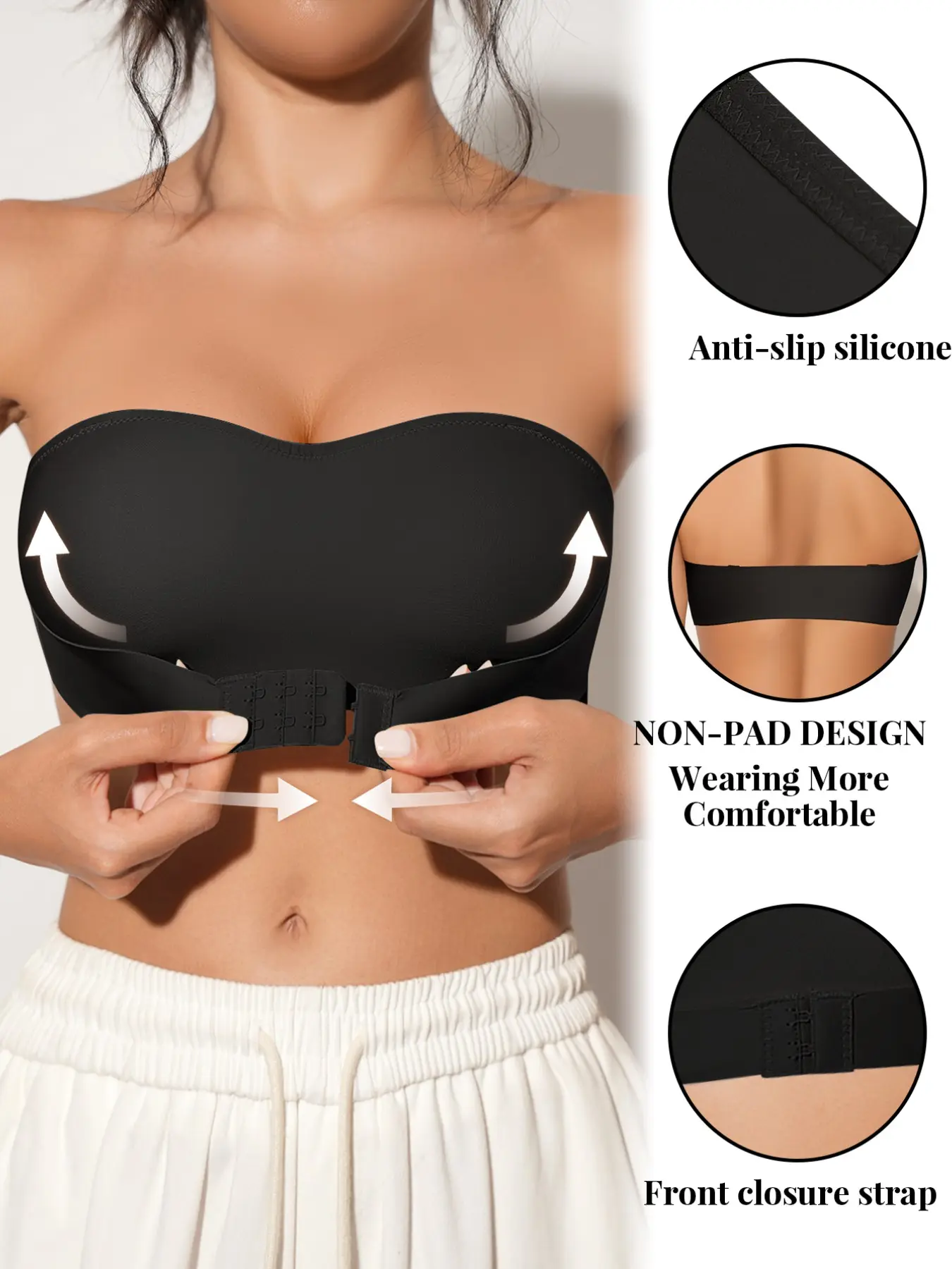 Women's Strapless Push-Up Bralette, Front Buckle Anti-Slip Design, Soft Skin-Friendly, Medium, Perfect for Daily Wear, All Seasons, Underwear Fitted