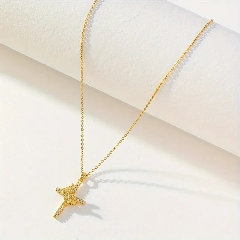 Unisex Elegant Golden Titanium Steel Coating Crown Cross Pendant Necklace with Glitter Rhinestones - Fashion Costume Jewelry Chain for Everyday, Party, Thanksgiving Wear, Daily, Zircon, Chain Jewelry Necklaces, Metal Coating, Thanksgiving Day, Chains, Fas