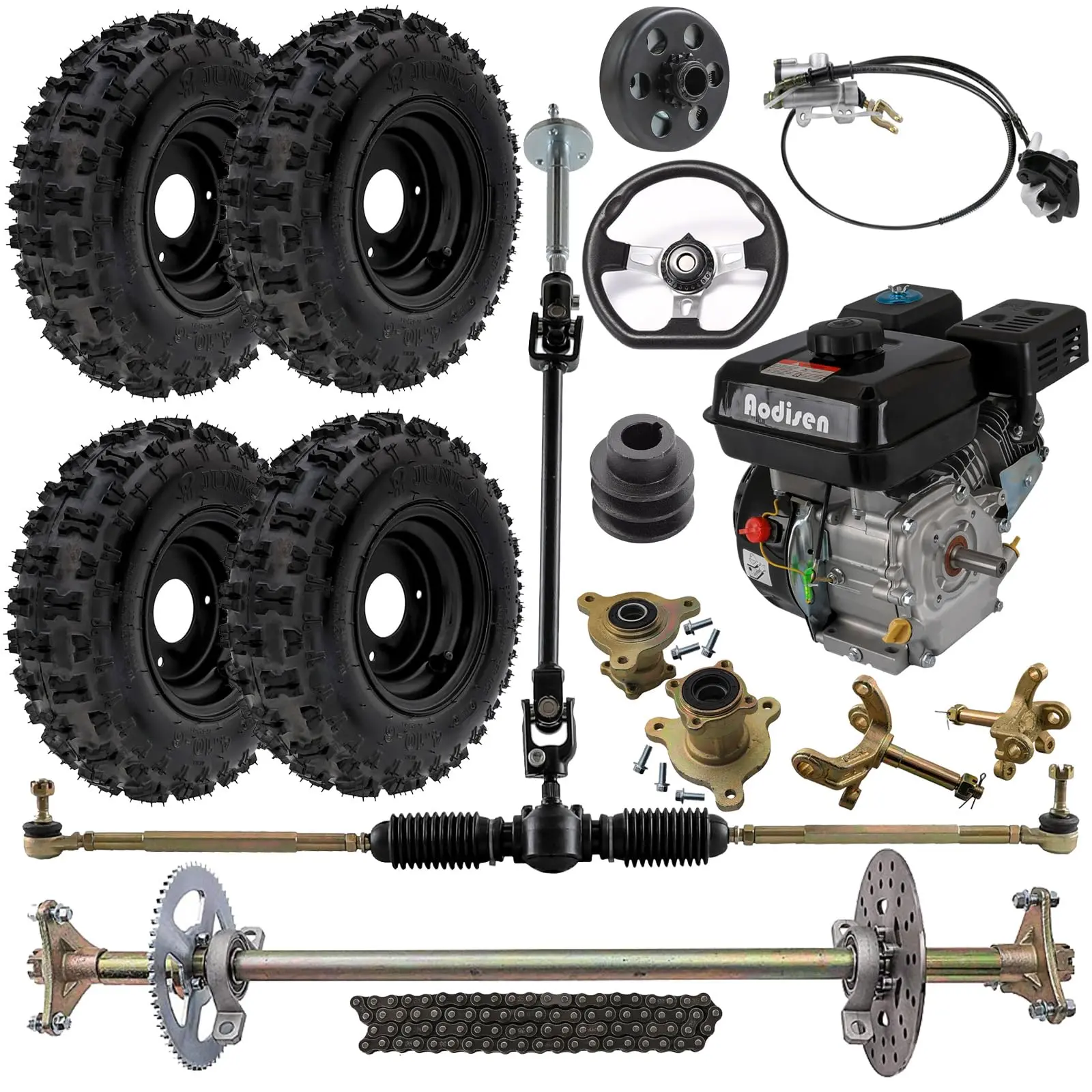 Suisuitong Go Kart Steering Wheel Rack Pinion Tie Rod with 29 Inch Live Rear Axle Kit 7HP Horizontal Motor #35 Clutch Pulley Chain 6" Wheel Hubs Spindles Brake Assembly for Karting UTV ATV Quad Buggy