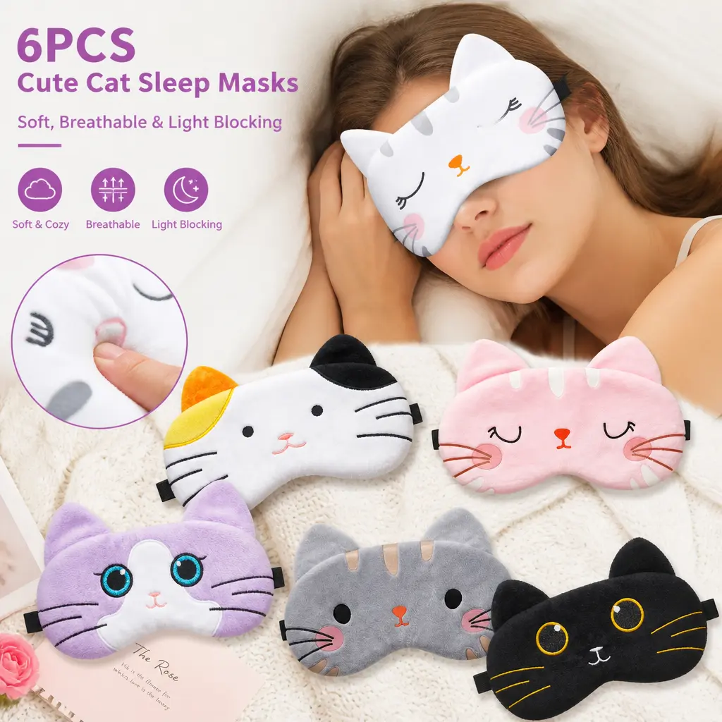 6pcs Kids' Cute Cat Eye Sleep Mask - Soft Lightweight Sleep Aid Blindfold, Kawaii Cartoon Design, 1 Size for Youth & Adults, Kitty Party Favors (Specialty Kitchen Accessory Supplement), One Size