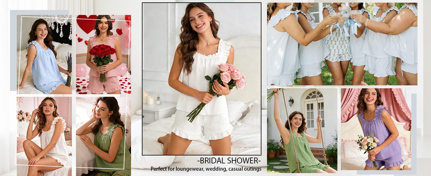 SWOMOG Women Pajama Sets 2 Pcs Ruffle Pjs Bridal Pajamas for Women Sleepwear Set with Tank Tops and Shorts