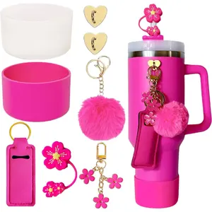 Accessories for  Cup 40oz,2  Boots for  Tumbler,1 Flower Straw Cover Topper,2 Charms Hooks,1 Lipstick Holder Bag,1 Pompom Ball,1 Cute  Charms (Passion Pink,No Bottle)