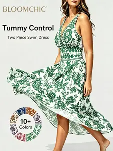【Creator's Pick】【Summer Turn-Up】【Tummy Control】BlOOMCHIC Mid-Plus Size Two-Piece Floral Print Full Coverage Ruched Mesh Swimsuit & Sarong Tankini Swimdress with Removable Cups [M-6X] 2026 Summer Pick for Mother's Day