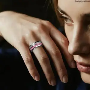 Unisex 304L Titanium Steel Band Ring, Elegant Design with Pink Rose and Meteor Inlay, Durable Daily Wear Accessory, Love Gift for Anniversary & Special Occasions, Band Rings