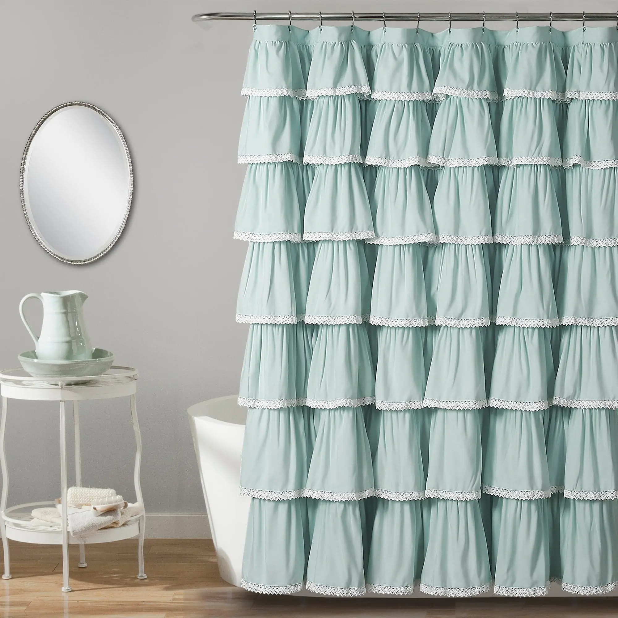 Lush Decor Lace Ruffle Shower Curtain - Soft Polyester Fabric, Decorative Ruffles, Lace-Trim Bathroom Accessory for Bath Use, Shower Curtains