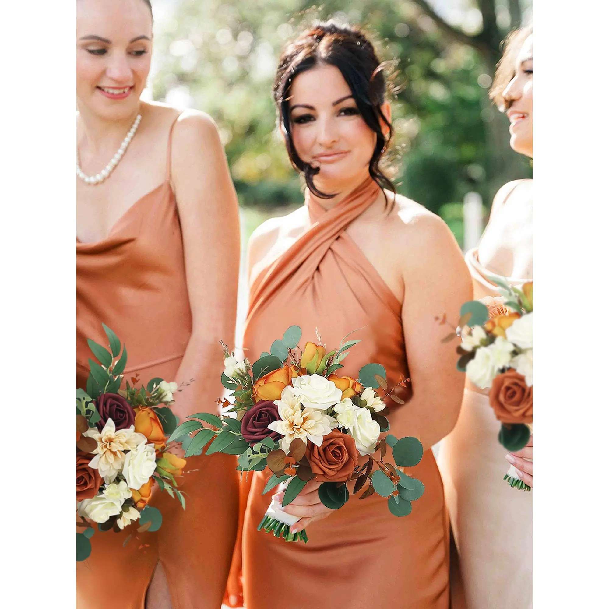 Rinlong 11.4 in Wide Warm Faux Silk Flower Bridesmaid Bouquet - Floral Decor, Flower Design Wedding Party Supply Accessory, Faux Silk Flowers, 11.4X13 In