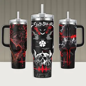 Black Clover Asta Demon Anti Magic Skull Clover Stainless Steel Insulated Travel Tumbler With Handle & Straw Lid 20oz 40oz Full Wrap Dark Anime Design