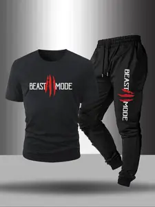 Two-Piece Set Men's Letter Print Tee & Drawstring Waist Sweatpants, Matching Set, Menswear, Regular Fit Round Neck Short Sleeve T-shirt & Jogger Pants, Casual Top & Sweatpants for Summer