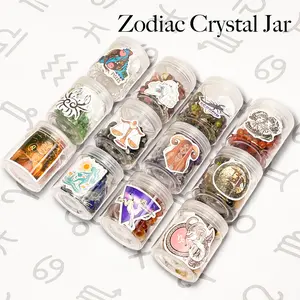[Video Order] 1 Set Zodiac Crystal Jar size about 100g including Two Bracelets, Heart Carving, keychain, Adjustable Ring, About 25g Chips and 2 stickers of random related zodiac signs