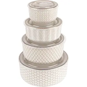 Ceramic Nesting Bowls, with Lids, Serving, Set of 4, Embossed, Kitchen, Prep, Mix, Gift, Microwave and Dishwasher Safe, 10/16/29/47 oz, Narbonne Collection (Ivory)
