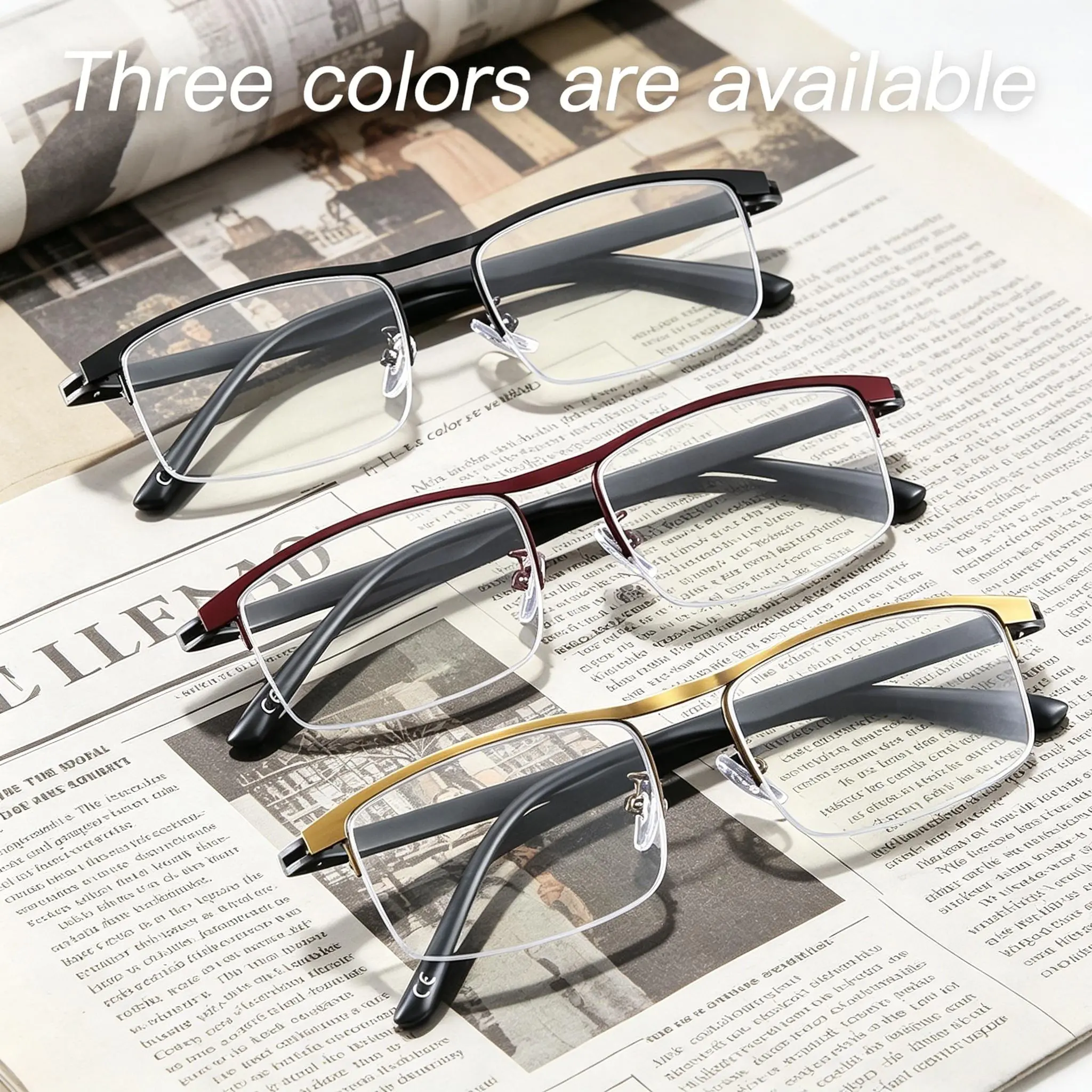 3 Pack Progressive Reading Glasses Unisex Rectangle Semi Rimless Stainless Steel Resin Frames Lightweight Anti Glare Blue Light Blocking Lenses Daily Wear Men Women Accessories