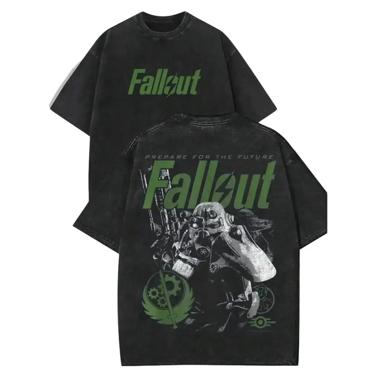 Fallout Vintage Distressed Washed Black Tee Brotherhood of Steel Power Armor Graphic Unisex Oversized 100 Cotton Short Sleeve Top Retro Gaming Streetwear Casual Daily Outfit Gift for Wasteland Game Fans