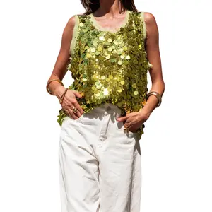 Women's Summer Shiny Sequins Vest Sleeveless Round Neck Fashionable Party Tank Tops