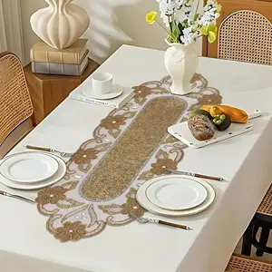 Gold &amp; Ivory Beaded Table Runner – Handmade Floral Design, 36" Luxury Holiday Decor