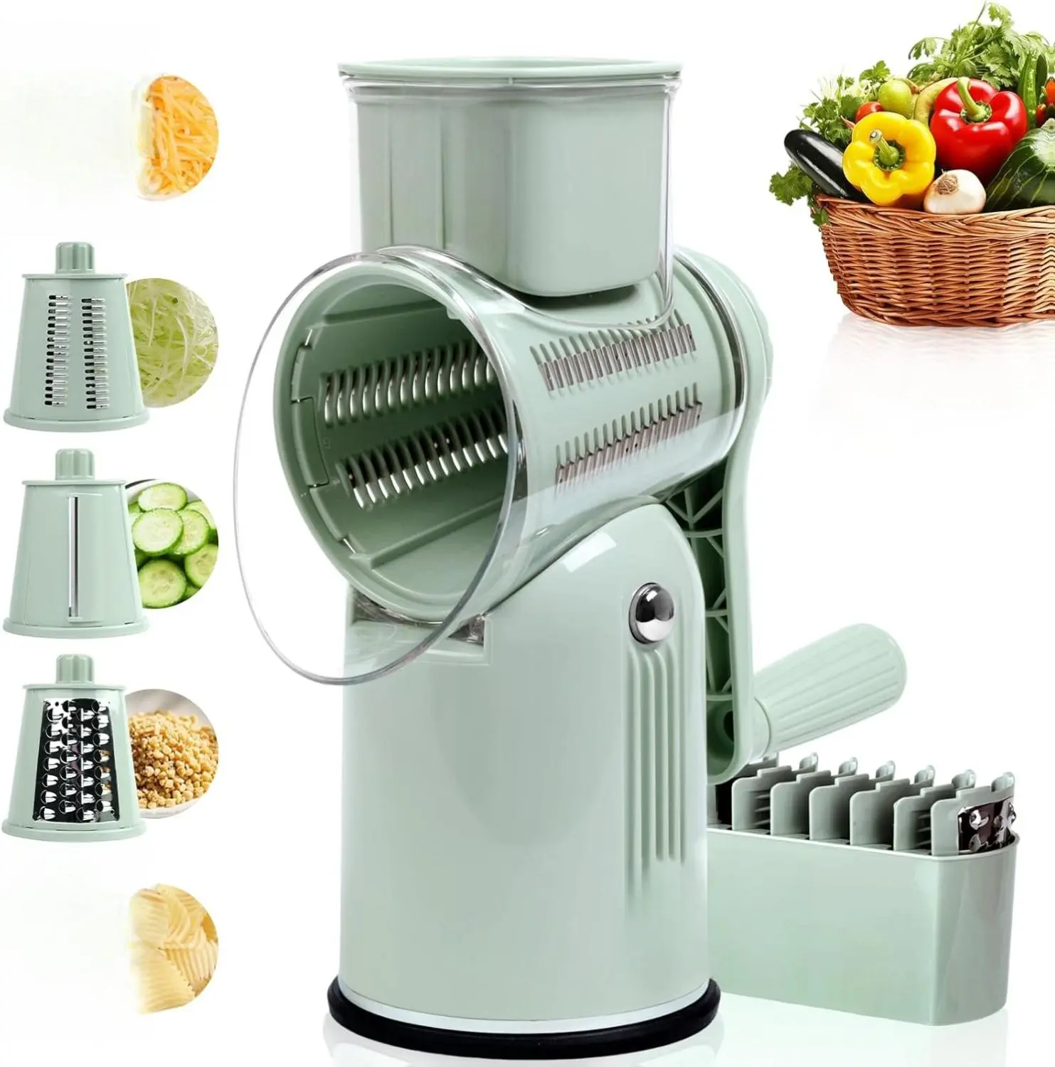 [New Deal] - Rotary Cheese Grater with Handle, Vegetable Shredder with 5 Replaceable Blades & Strong Suction Base, Round Food Slicer & Chopper for Kitchen Fruit Vegetables Nuts with Blade Storage Box (Green)