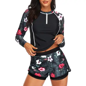 Long Sleeve Rash Guard for Women - Two Piece Swimsuit with Shorts Zip Up Swim Shirt with Built-in Bra  SwimWeek  summervibes