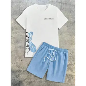 Two-Piece Set Men's Regular Fit Bear Print Tee & Drawstring Waist Shorts, Crew Neck Short Sleeve T-Shirt & Shorts, Casual Men's Clothing for Summer, Loungewear