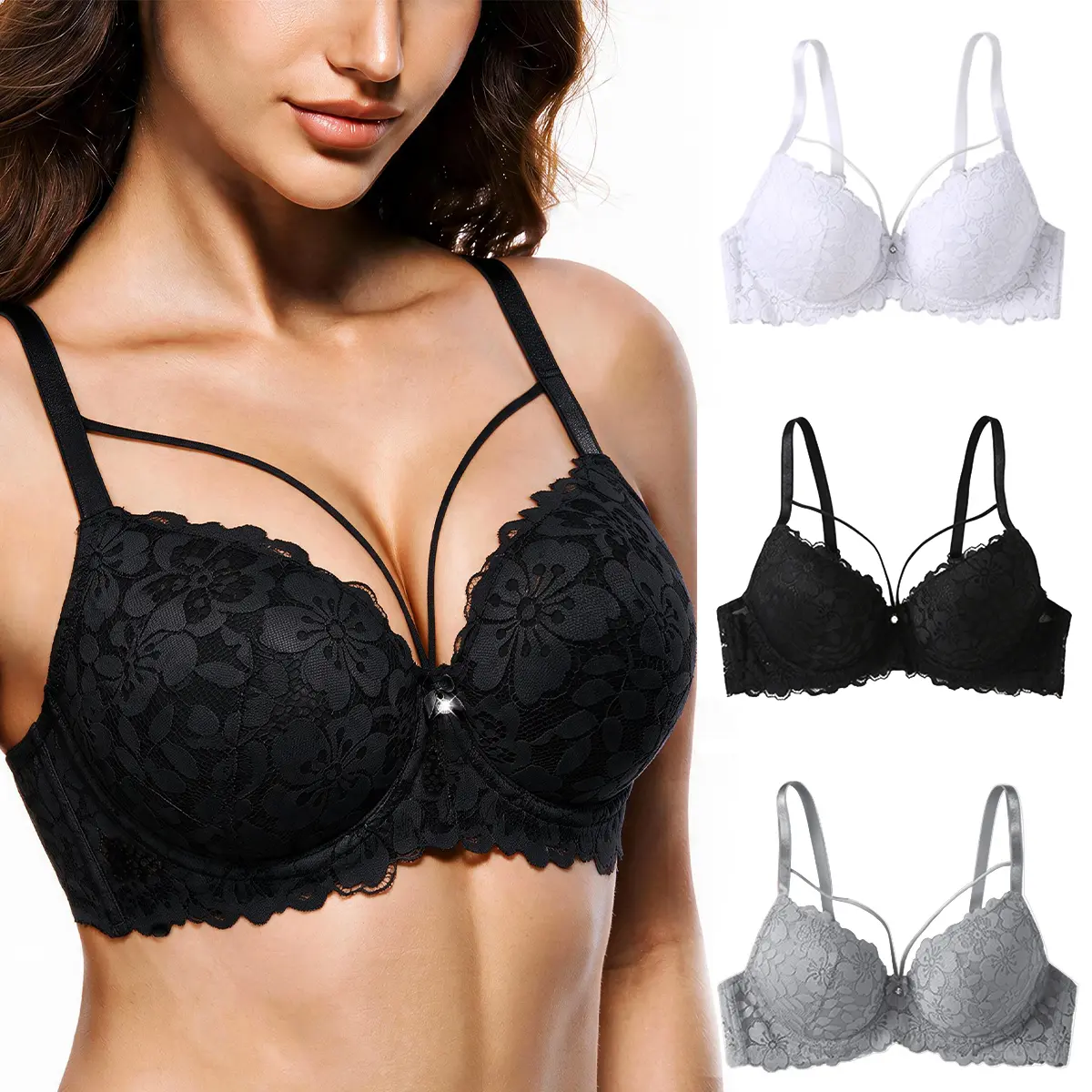 TryWish 3PCS Women Floral Lace Comfort Bra Comfortable 3/4 cup Bra  Underwire Supportive Deep V Everyday Tshirt Bra Aesthetic Style Womenswear Basic Minimalist